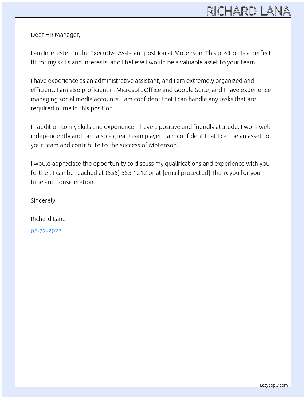 Executive Assistant At Motenson Cover Letter