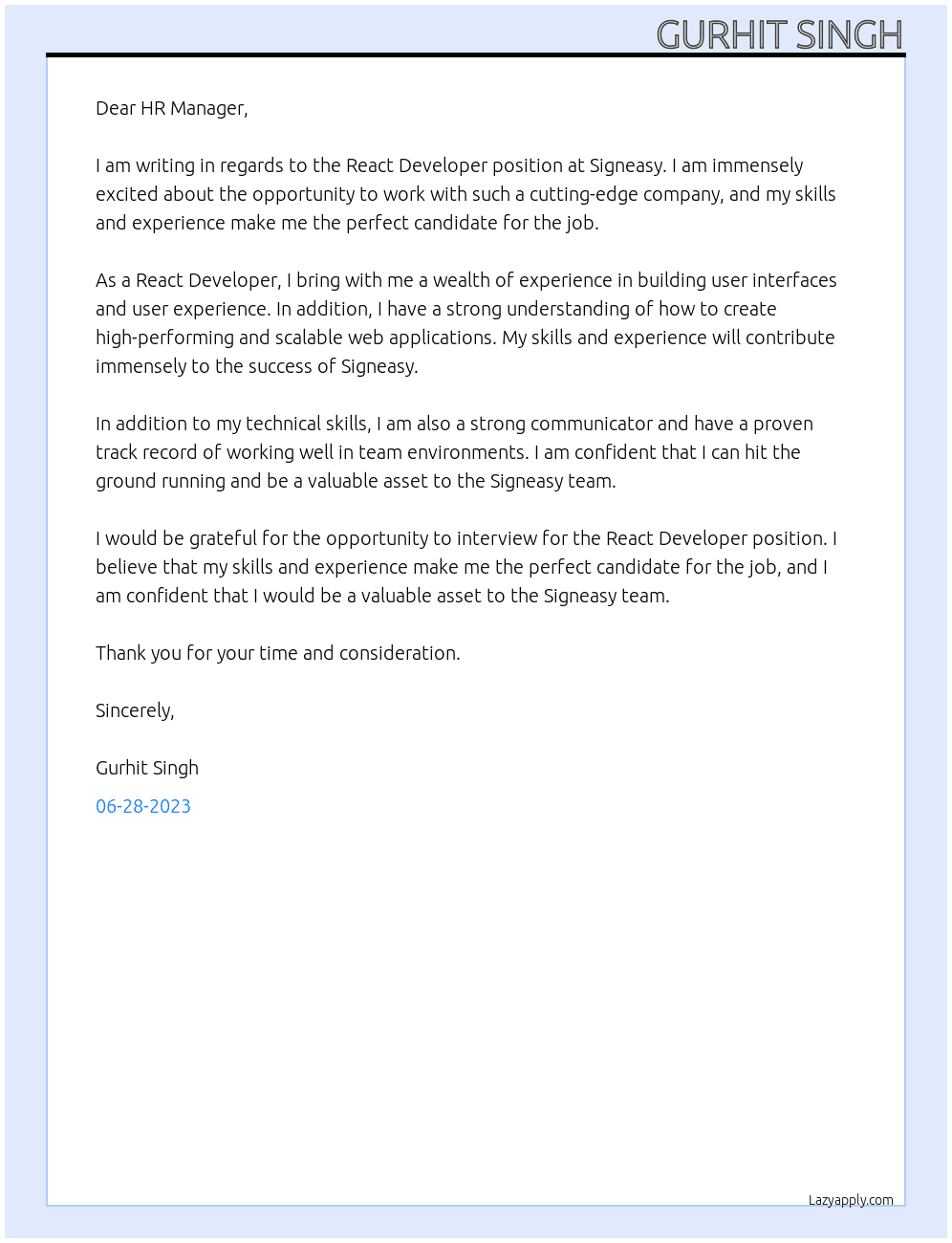 React Developer At Signeasy Cover Letter