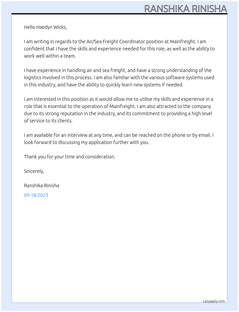 Air/Sea Freight  Coordinator At Mainfreight Cover Letter