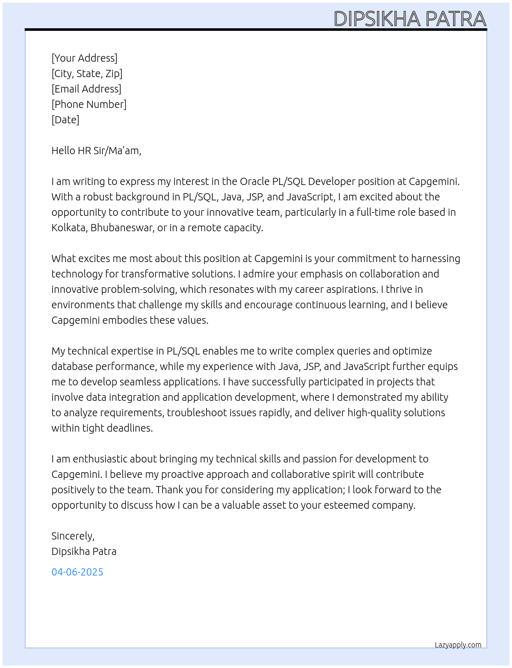 Cover letter for oracle pl/sql developer - LazyApply