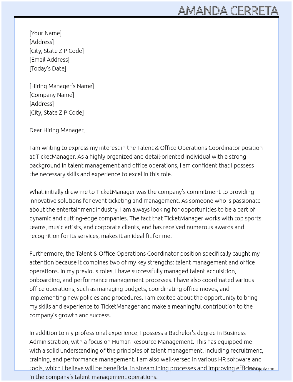 Talent & Office Operations Coordinator  At TicketManager Cover Letter