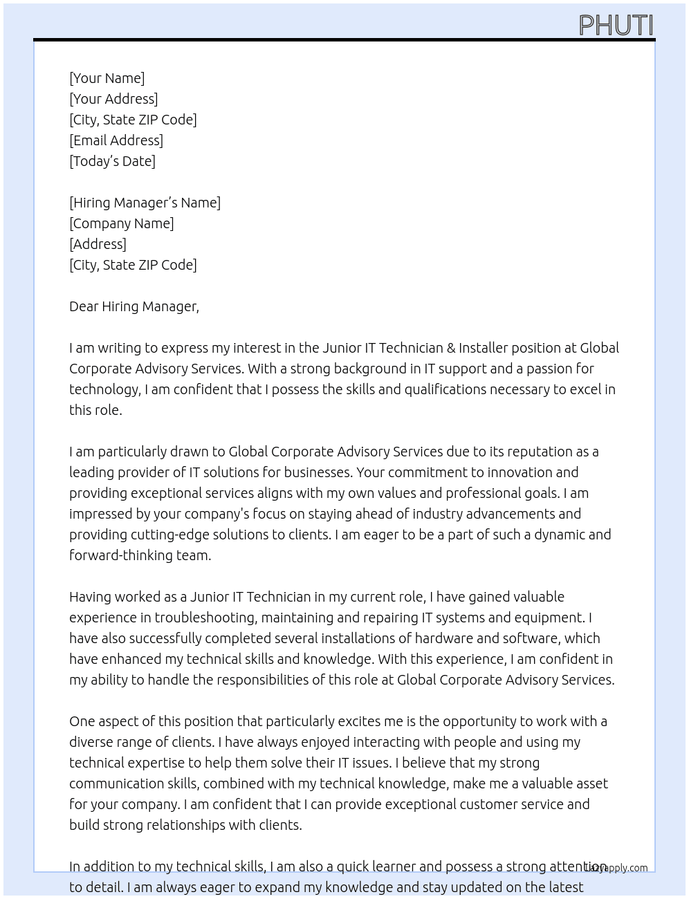 Junior IT Technician & installer At Global Corporate Advisory Services Cover Letter