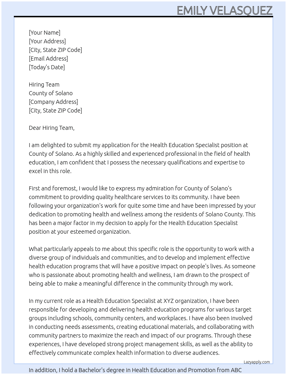 Health Education Specialist At County of Solano  Cover Letter