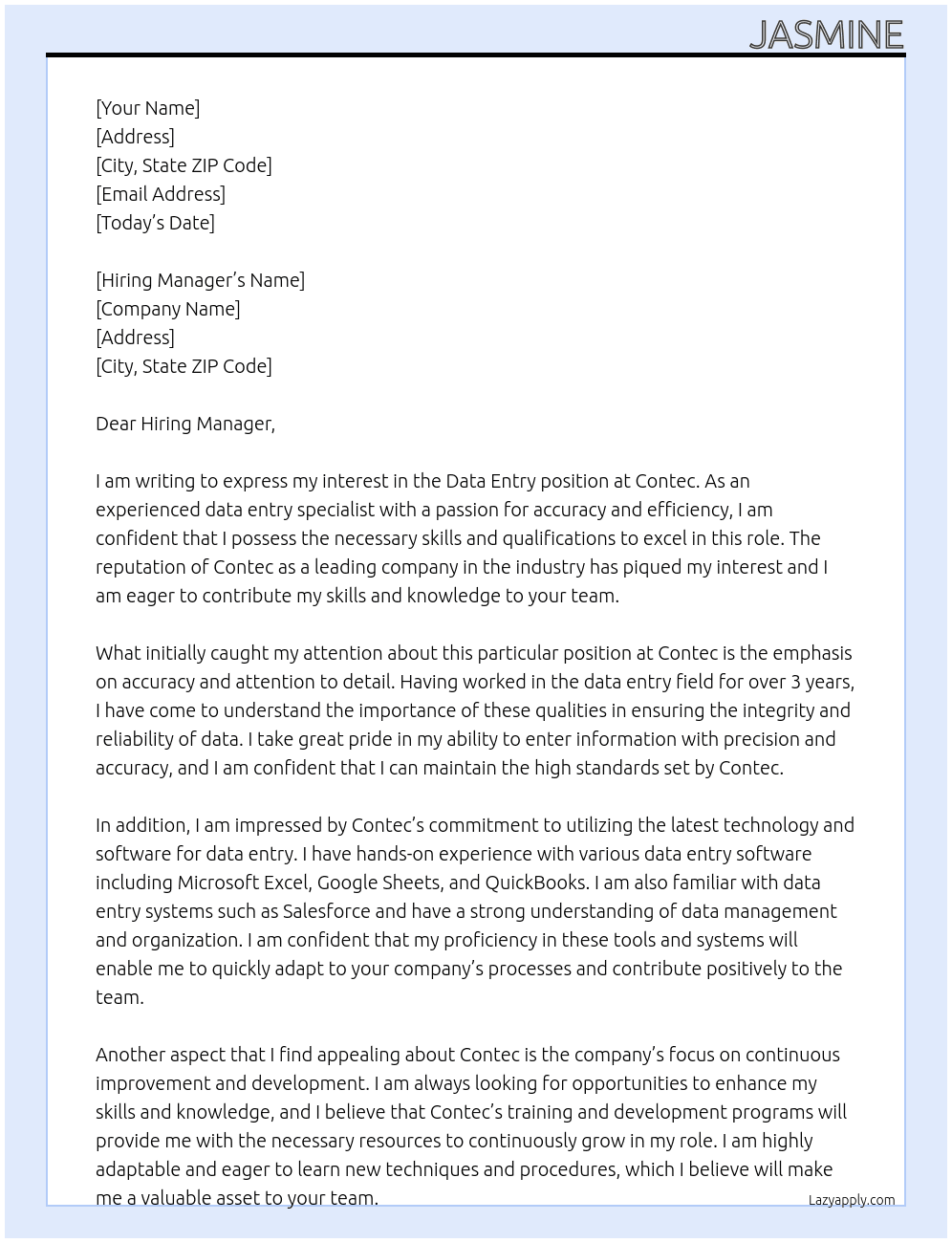 Data Entrt At Contec Cover Letter