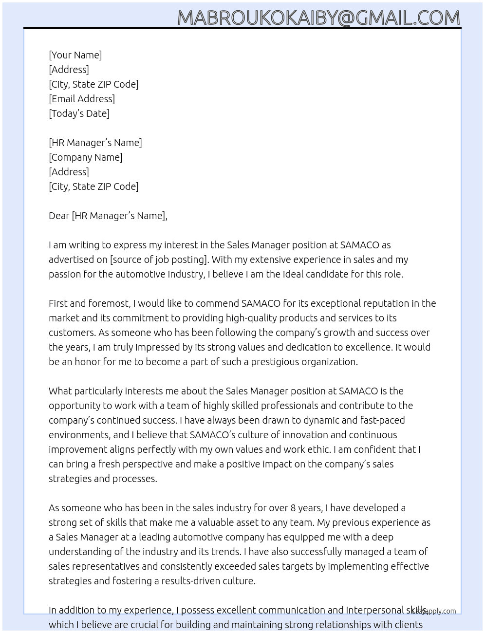 Sales Manager At SAMACO Cover Letter
