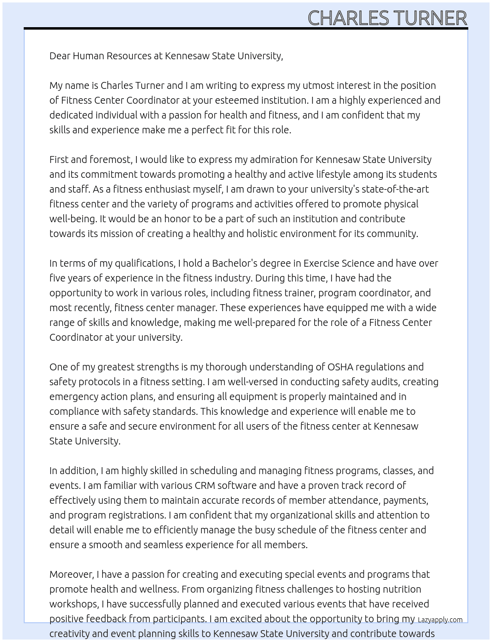 Fitness Center Coordinator At Kennesaw State University  Cover Letter
