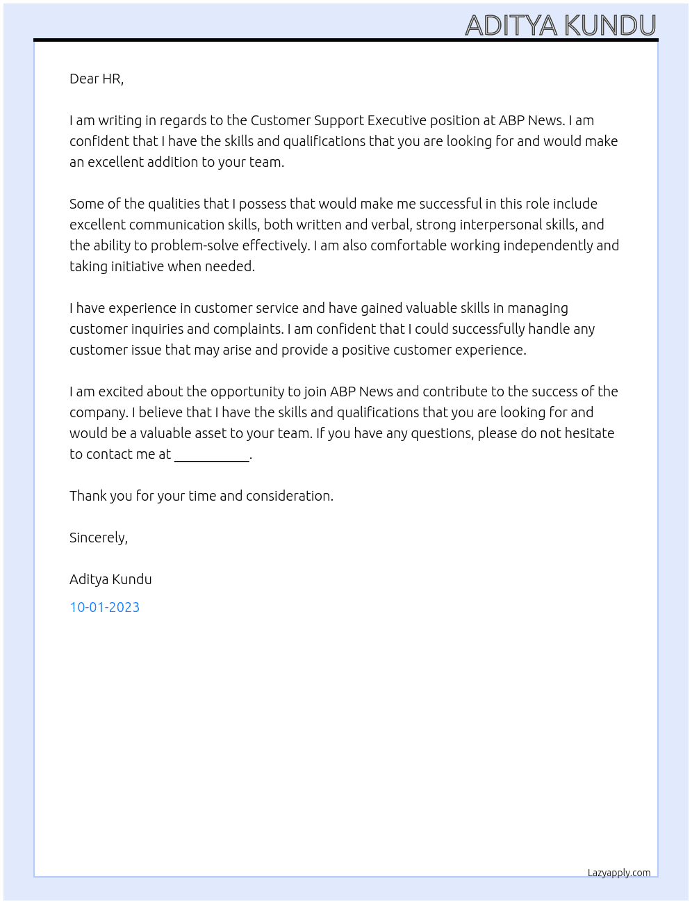 Customer Support Executive At ABP News Cover Letter