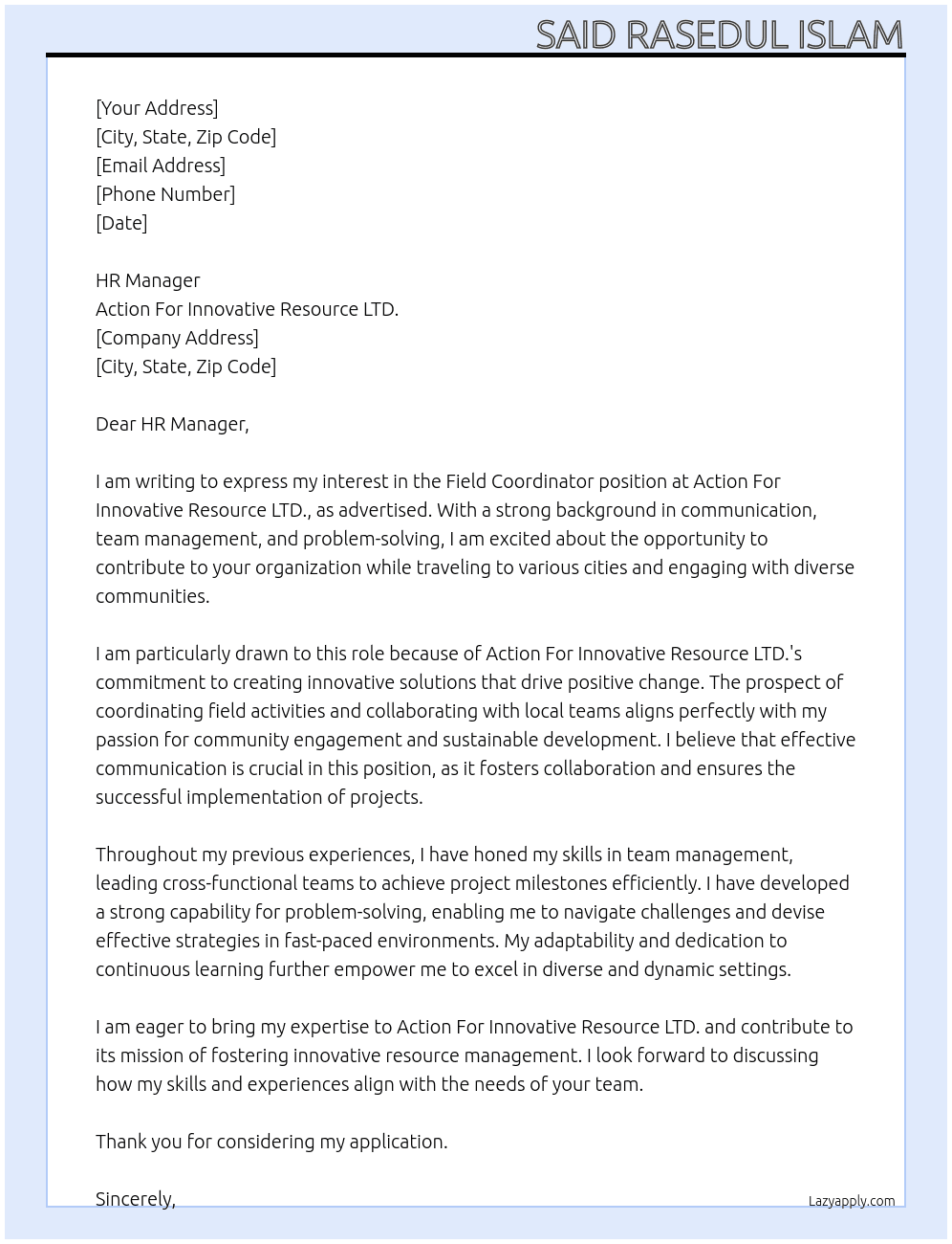 Field Co-ordinator At Action For Innovative Resource LTD. Cover Letter