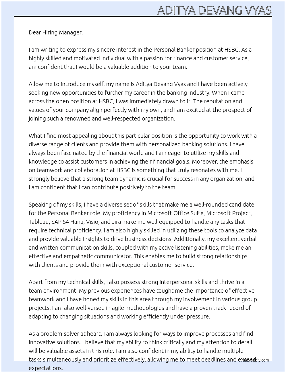 Personal Banker At HSBC Cover Letter