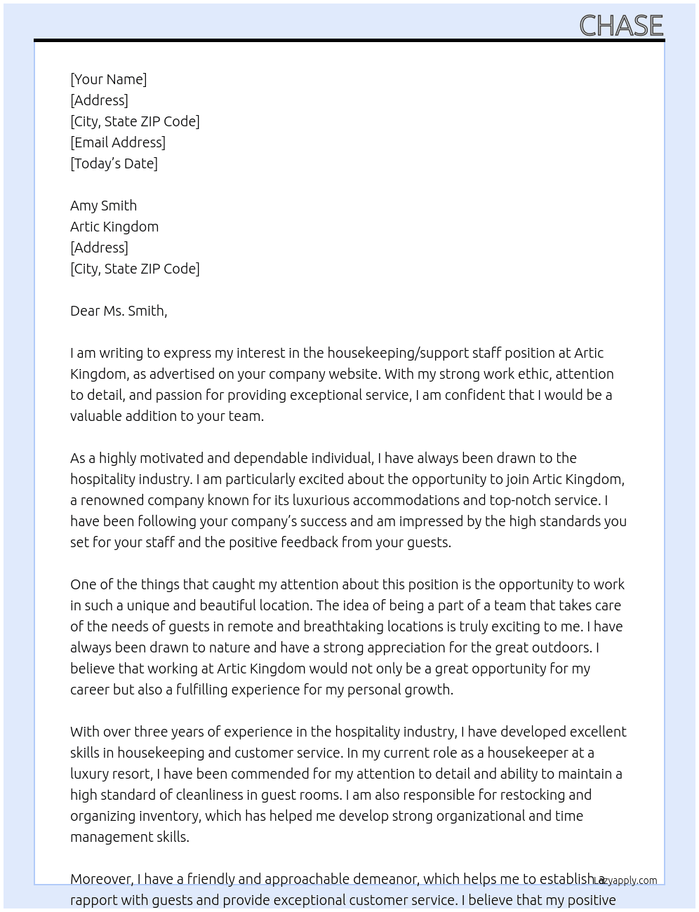 housekeeping/support staff At Artic Kingdom Cover Letter
