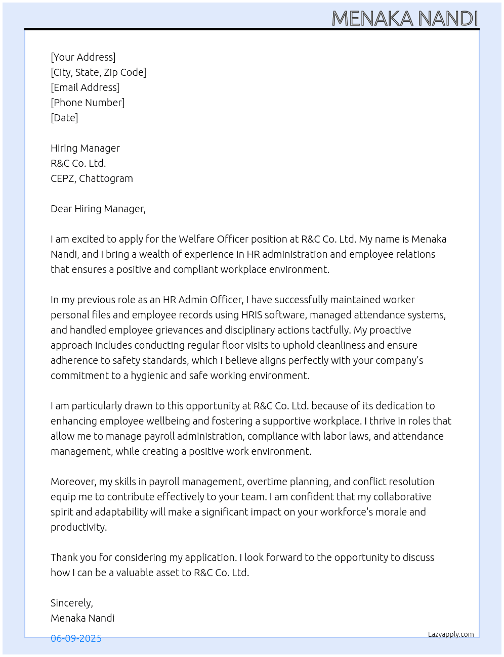 Cover letter for welfare officer - LazyApply