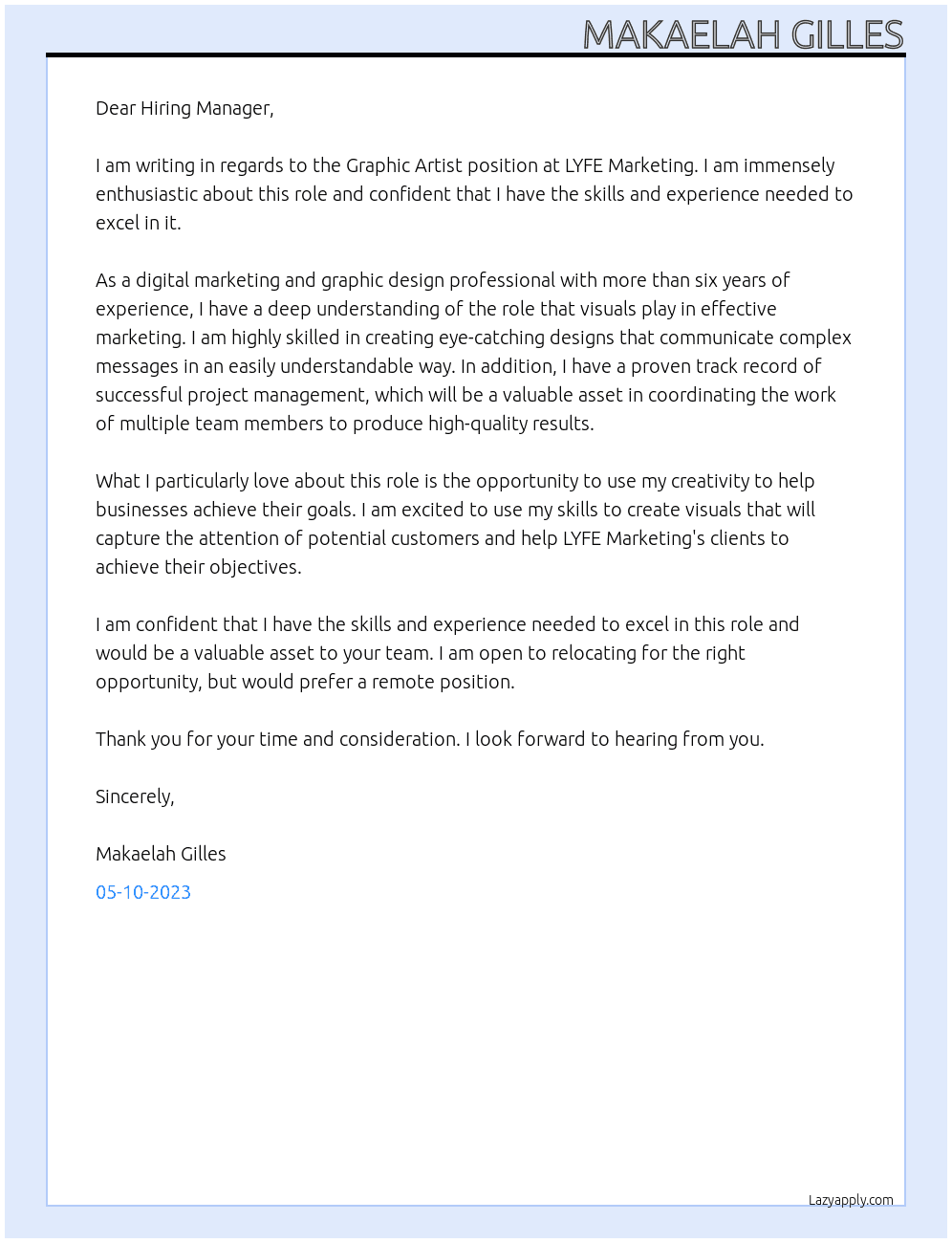 Graphic Artist At LYFE Marketing Cover Letter