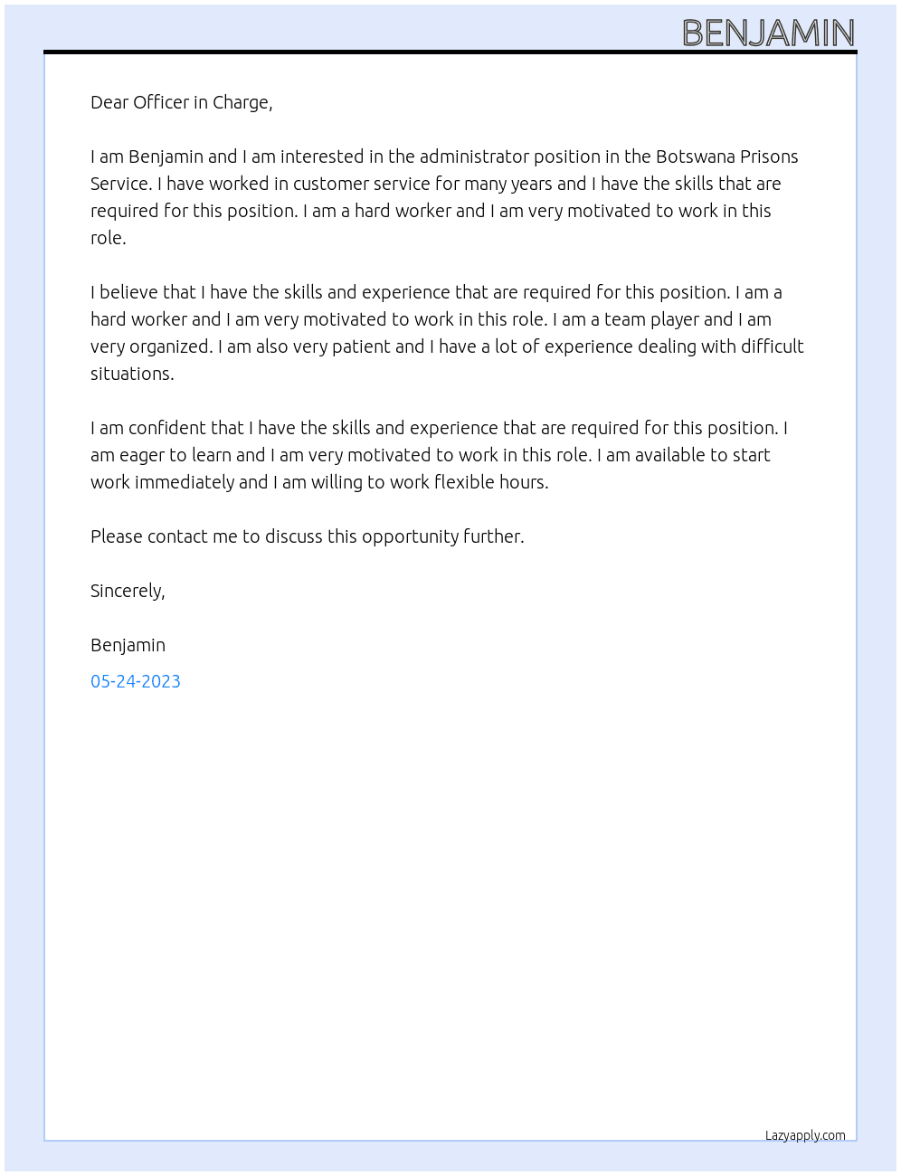 administrator At Botswana Prisons Service Cover Letter