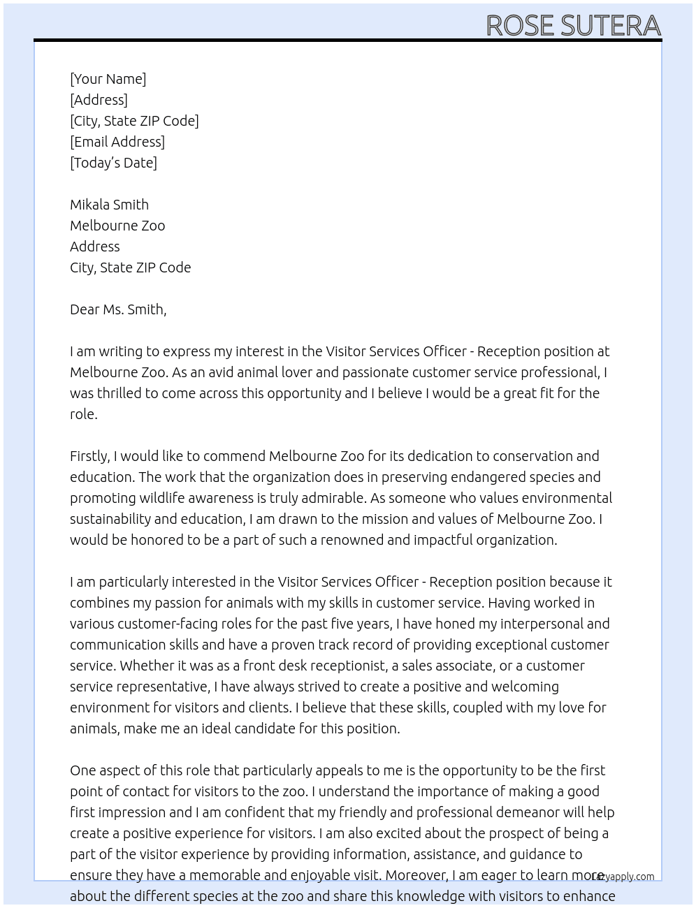 Visitor Services Officer - Reception - Melbourne Zoo At Melbourne Zoo Cover Letter