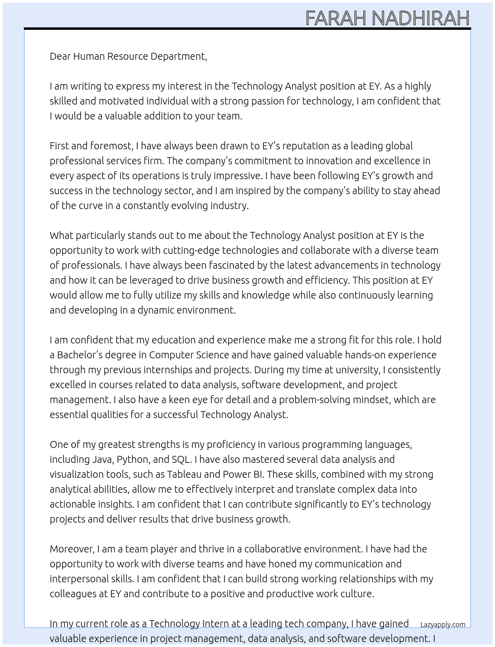 Technology Analyst At EY Cover Letter