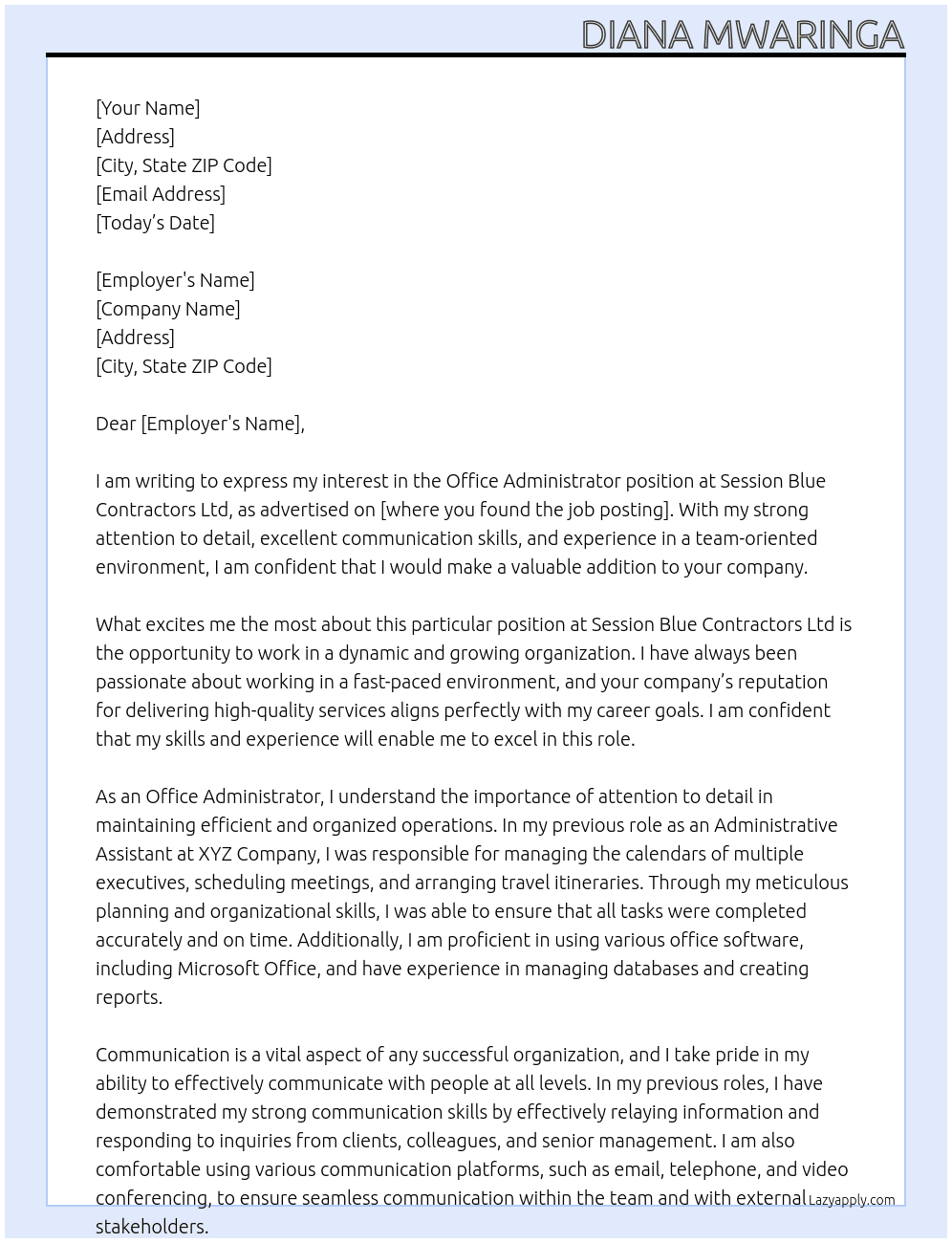 Office Administrator At Session Blue Contractors Ltd Cover Letter