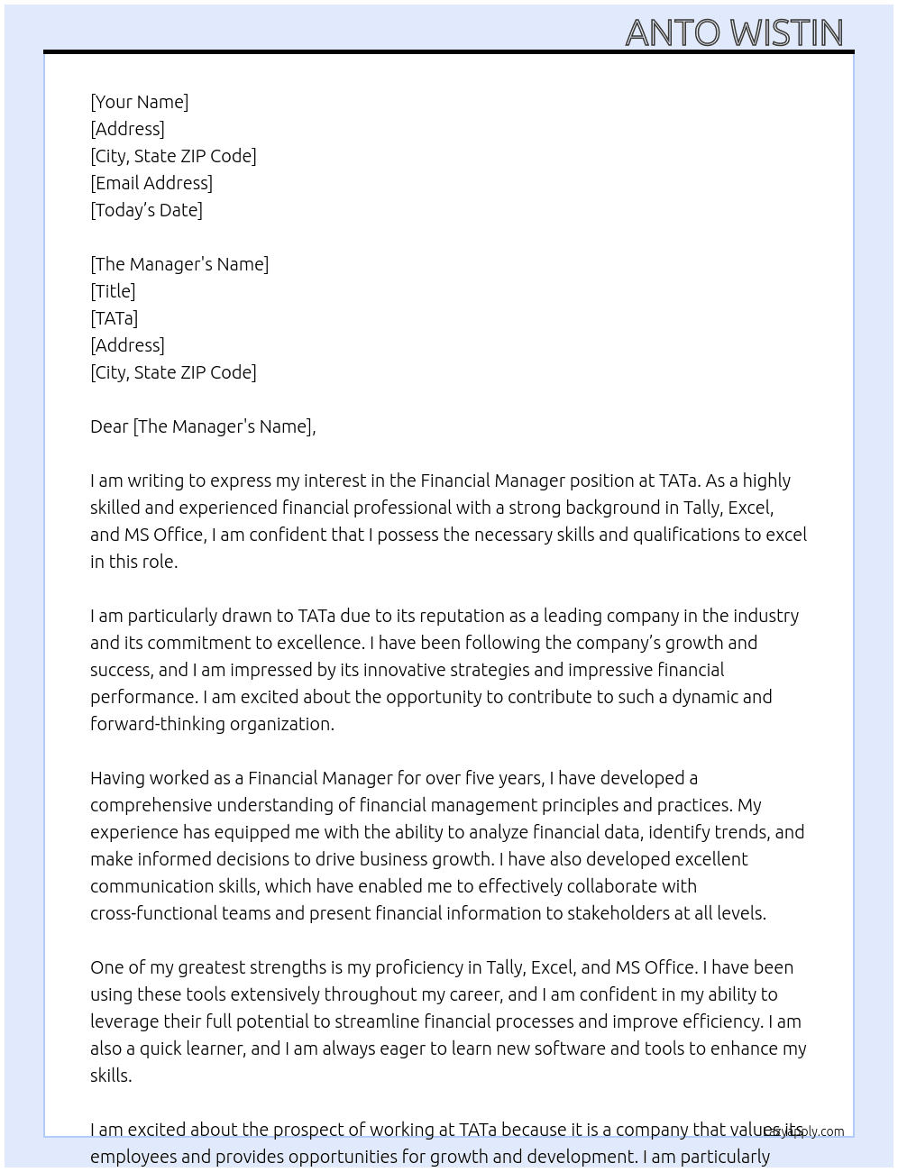 Financial Manager At TATa Cover Letter