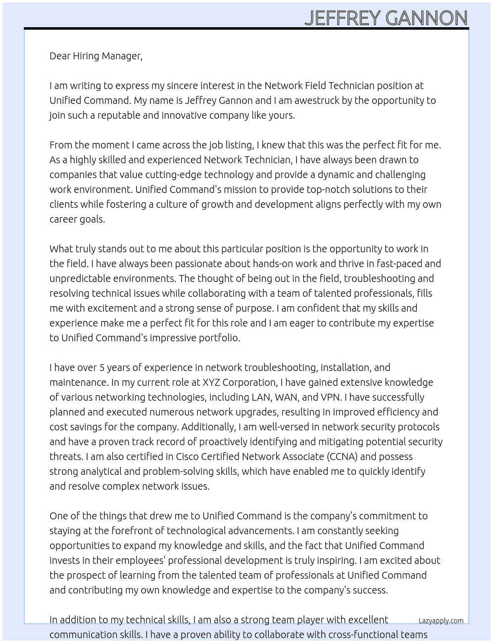 Network Field Technician At Unified Command Cover Letter