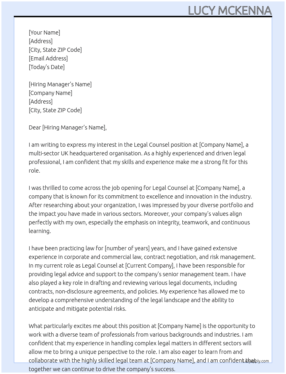 Legal Counsel At multi-sector UK headquartered organisation Cover Letter