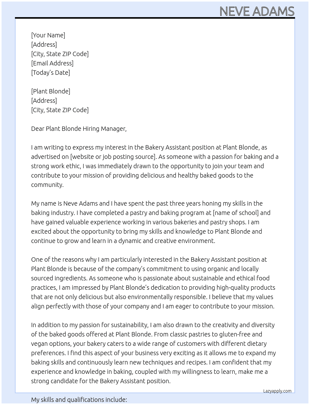 Bakery Assistant  At Plant Blonde Cover Letter