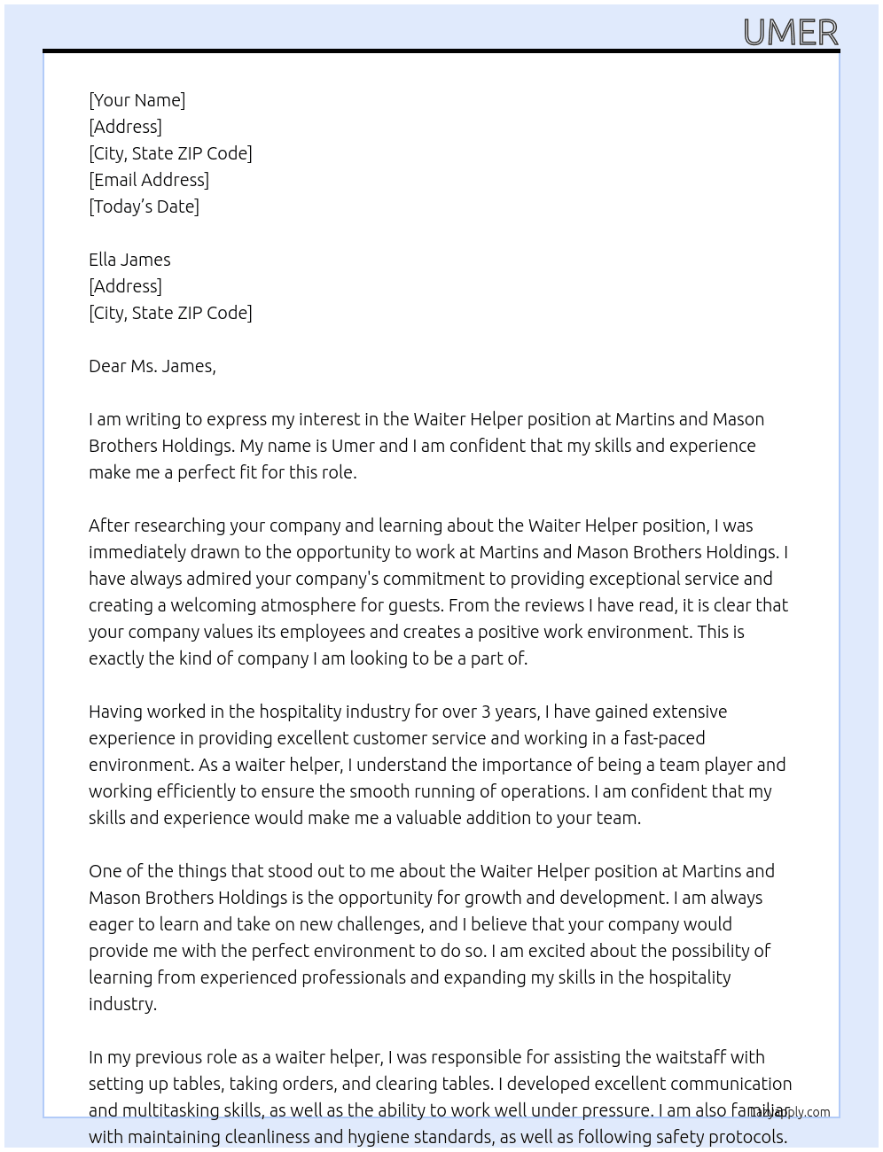 Waiter helper At Martins and mason brothers holdings Cover Letter