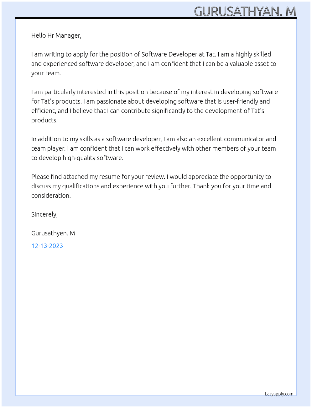 Software developer  At Tat Cover Letter