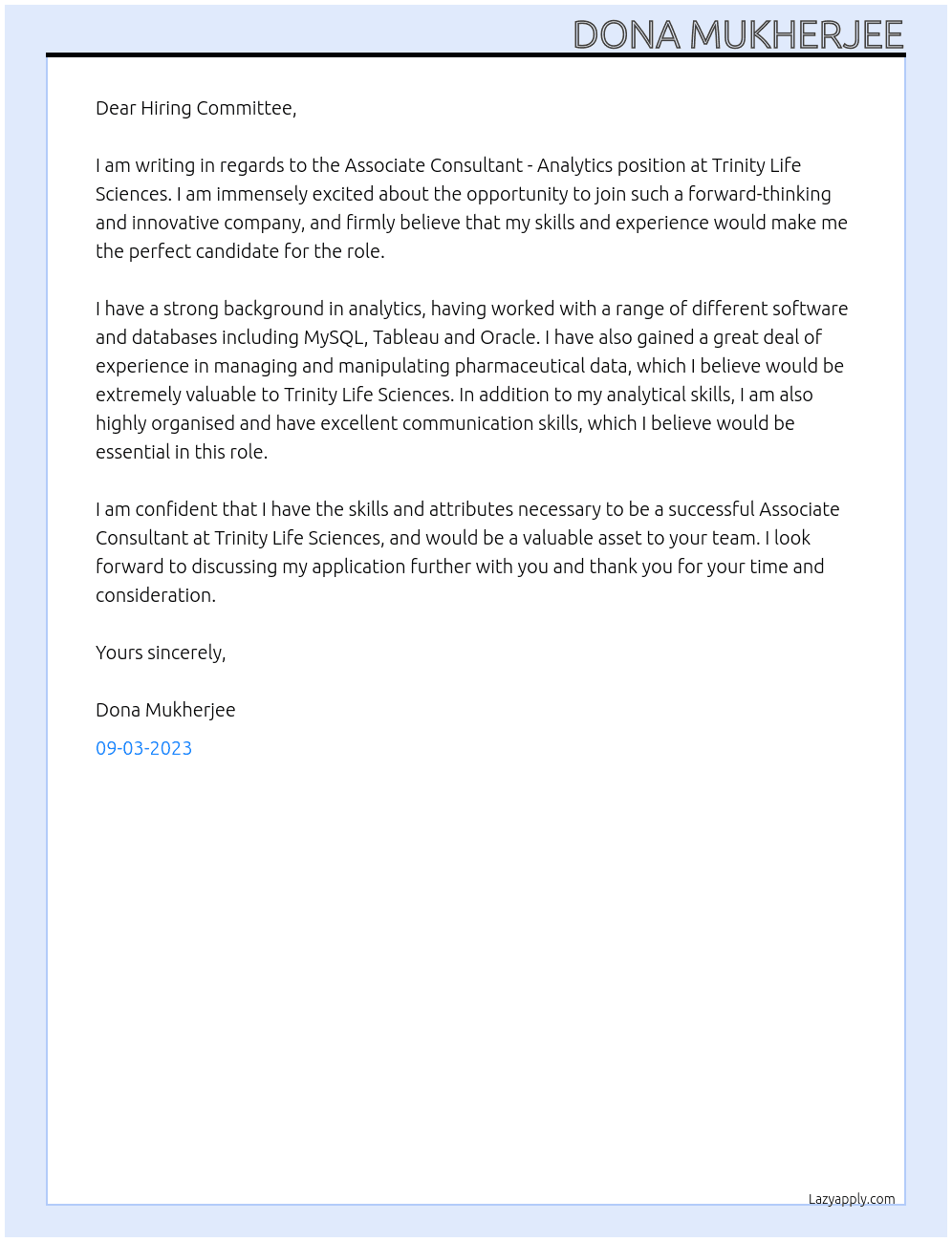 Associate Consultant - Analytics At Trinity Life Sciences Cover Letter
