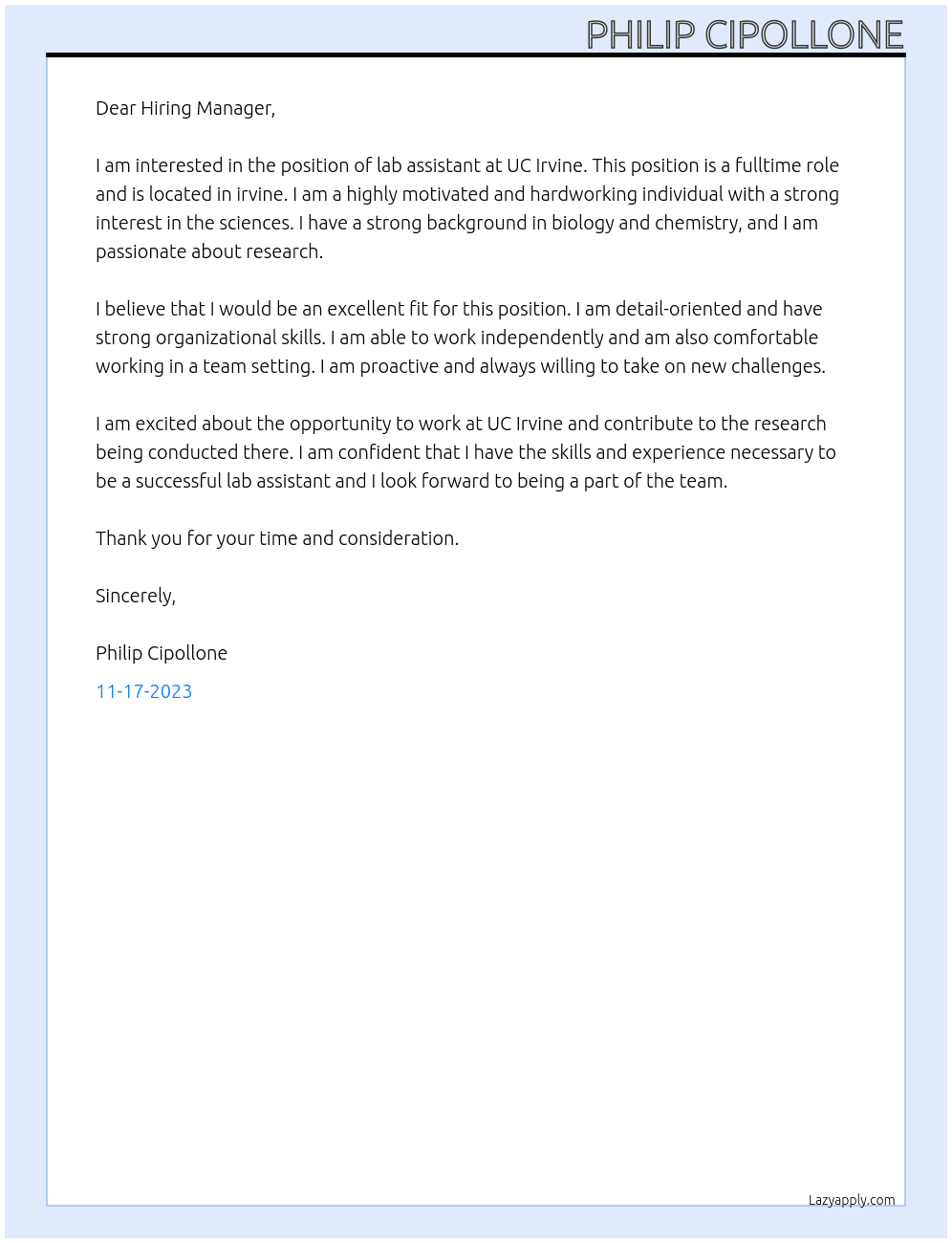 lab assistant At UC Irvine Cover Letter