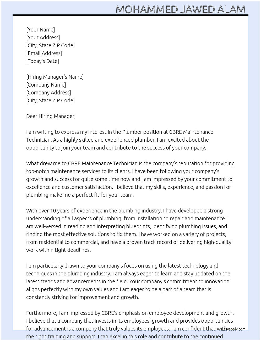 Plamber  At CBRE Mantance tachnician  Cover Letter