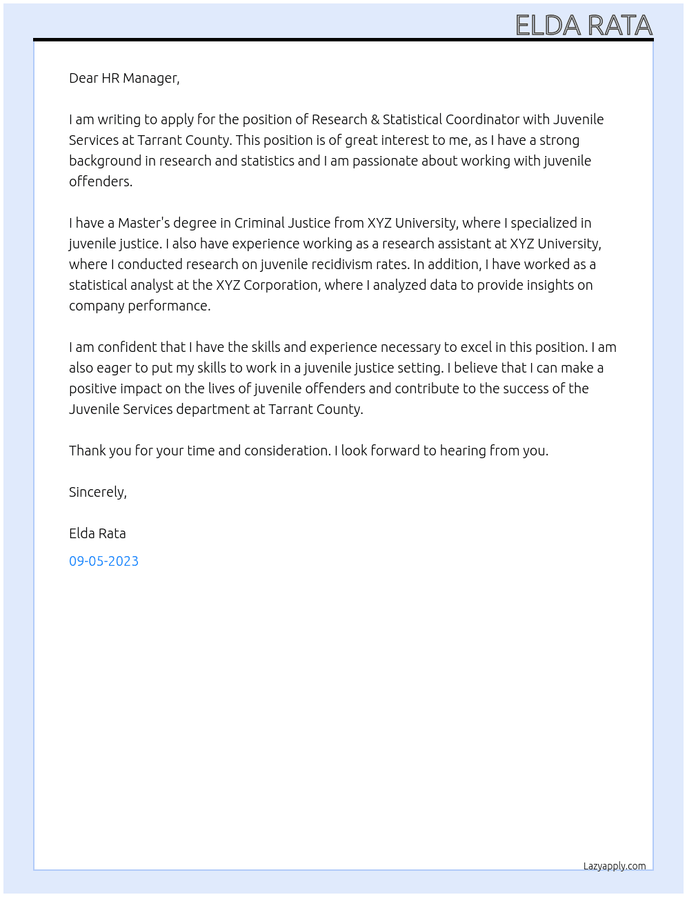 RESEARCH & STATISTICAL COORDINATOR, Juvenile Services At Tarrant County Cover Letter