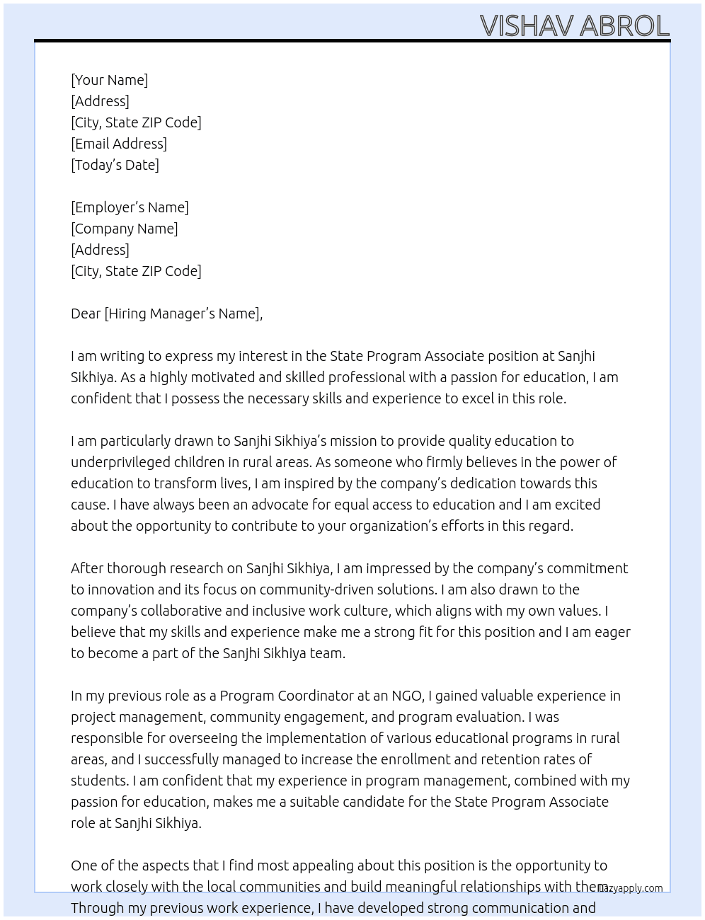 State Program Associate At Sanjhi Sikhiya Cover Letter