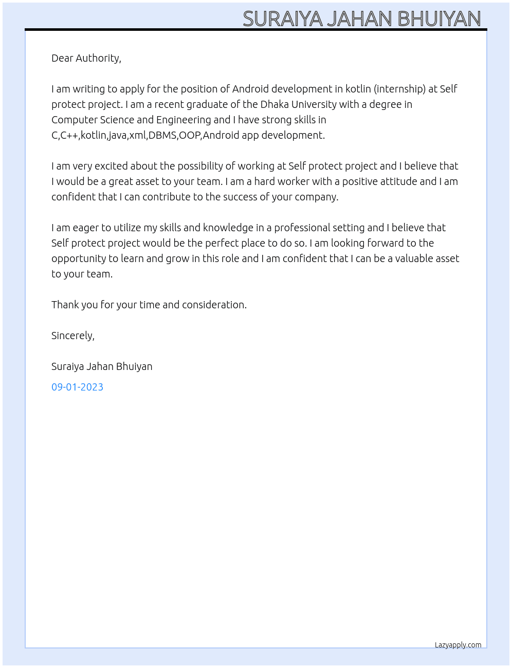 Android development in kotlin (internship)  At Self protect project  Cover Letter