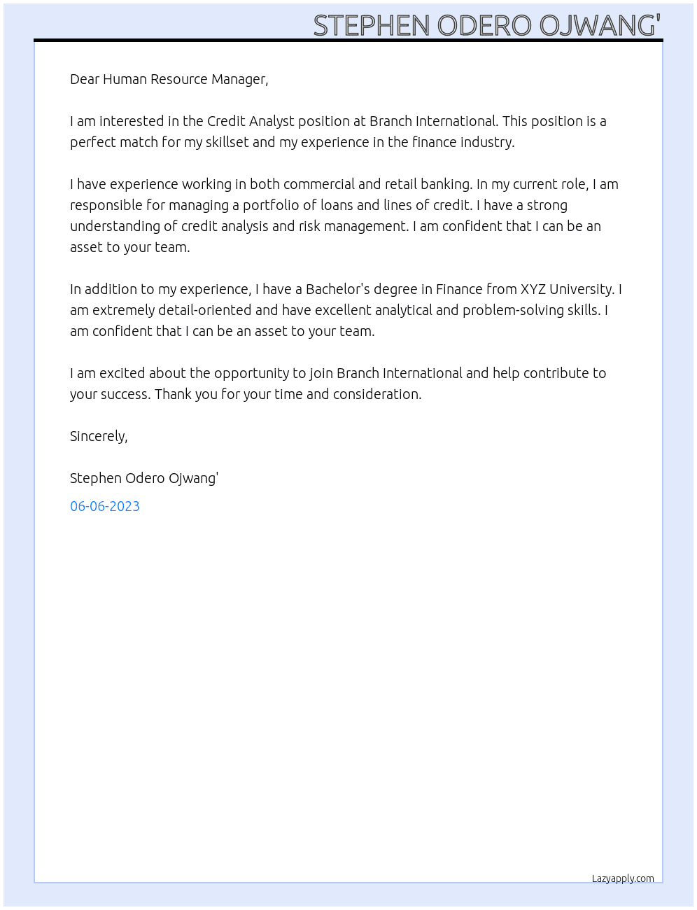 Credit Analyst At Branch International Cover Letter
