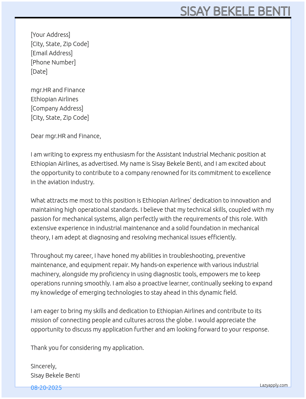 Assistant Industrial Mechanic  At Ethiopian airlines Cover Letter