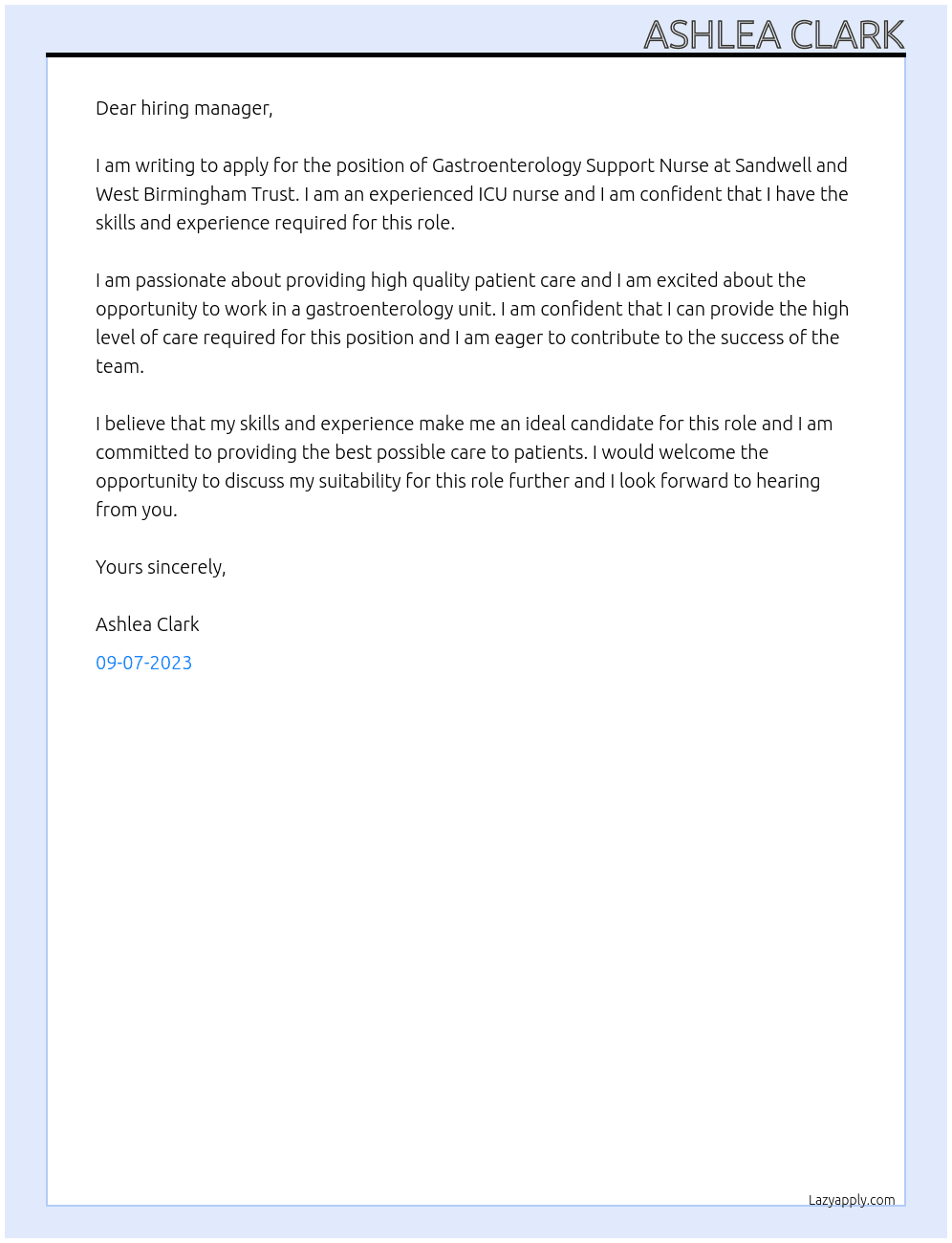 Gastroenterology Support Nurse At Sandwell and west birmingham trust Cover Letter