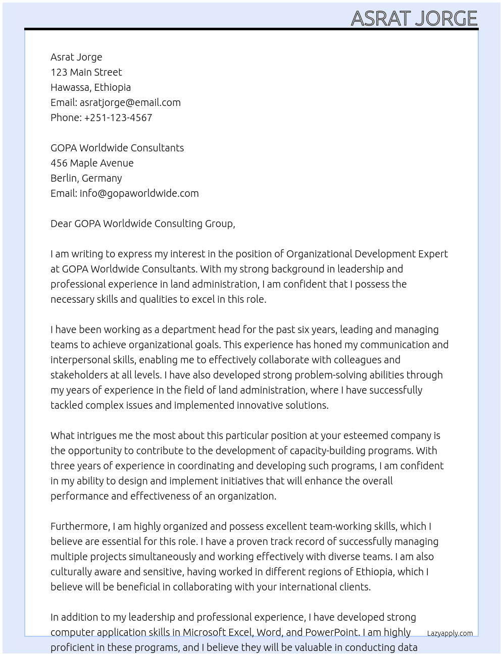 Organizational Development Expert At GOPA Worldwide Consultants Cover Letter