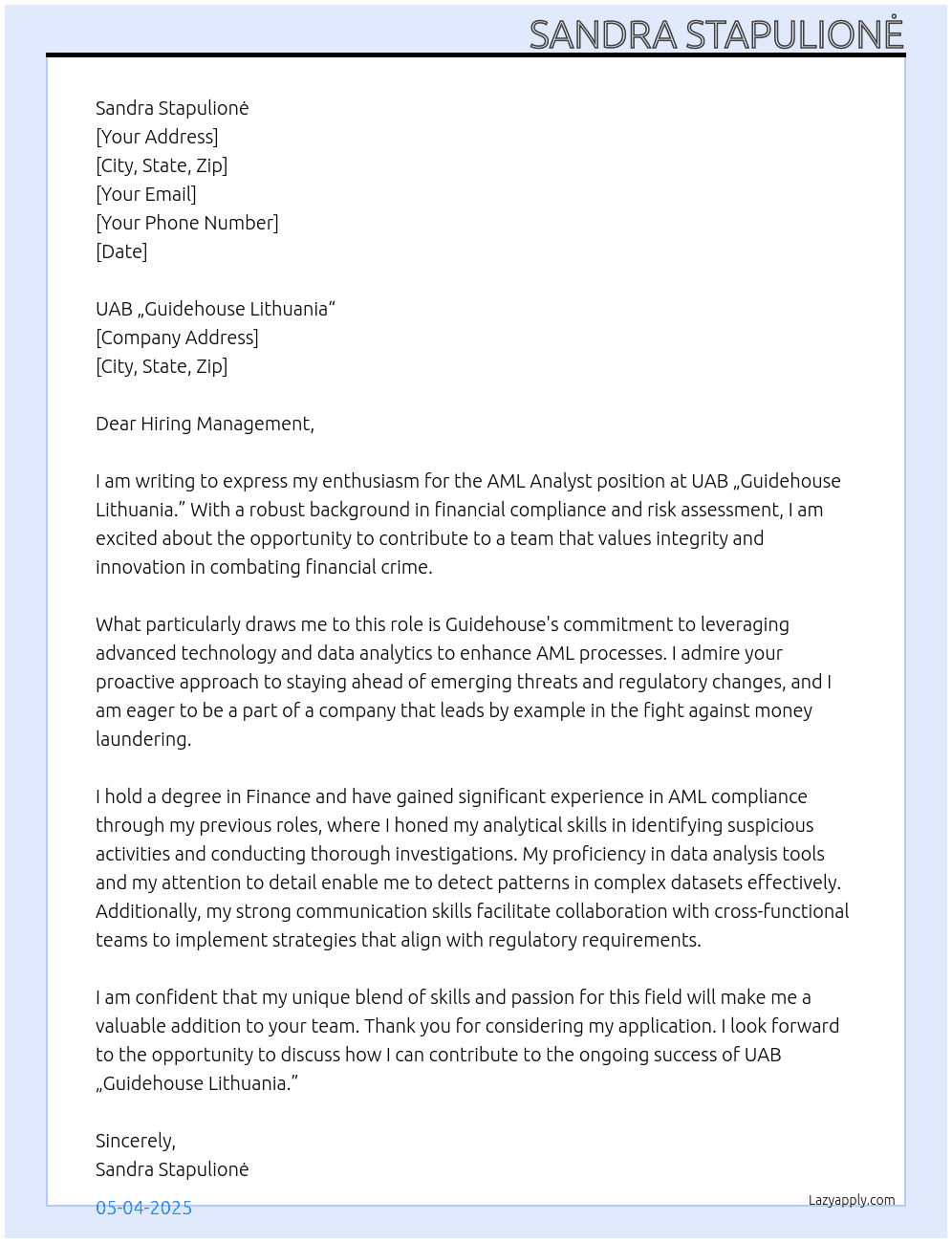 AML Analysr At UAB „Guidehouse Lithuania“ Cover Letter