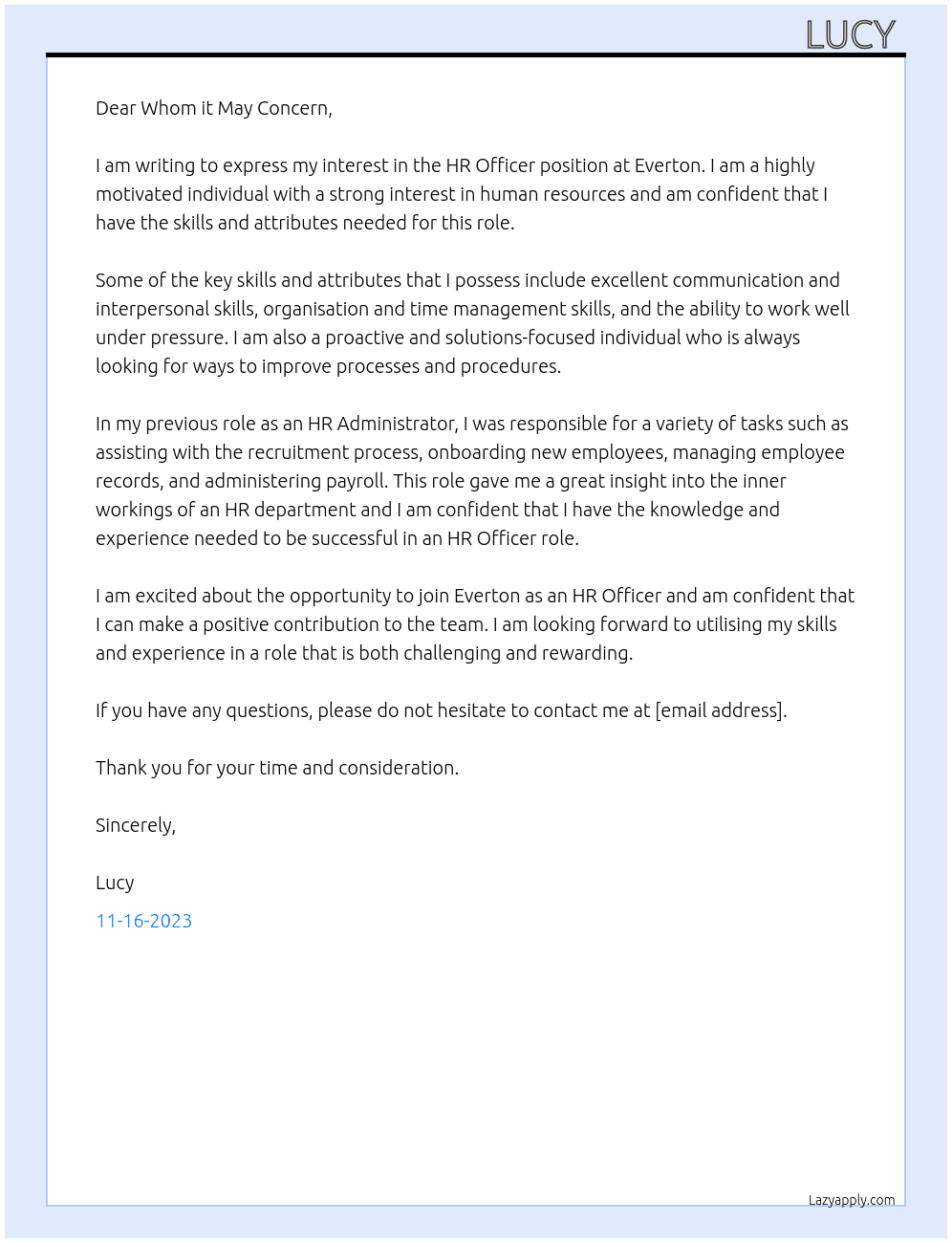 HR Officer At Everton Cover Letter
