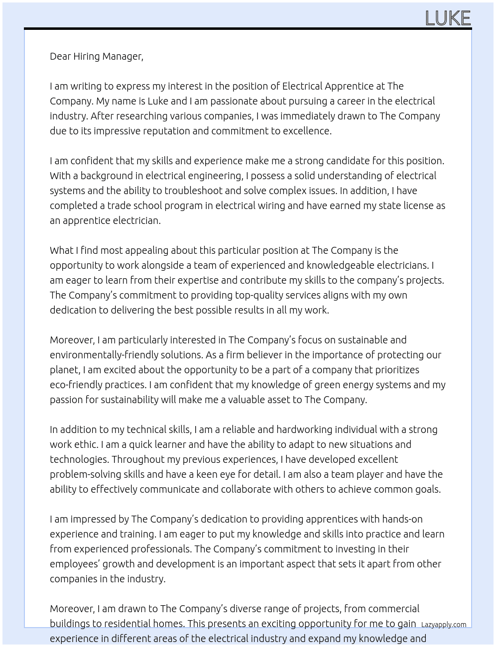 electrical apprentice At The company Cover Letter