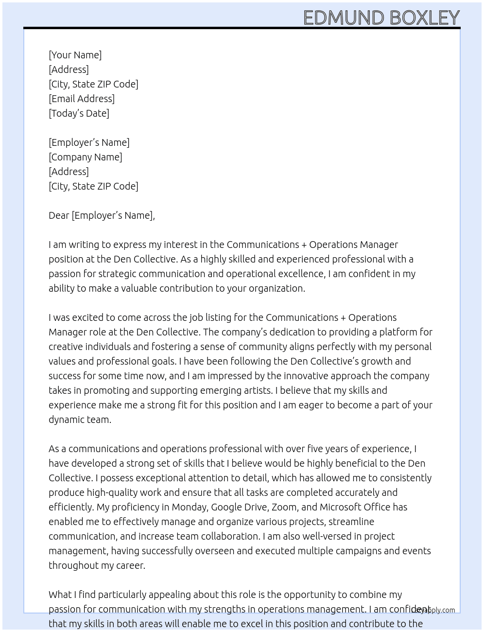 Communications + Operations Manager At the Den Collective Cover Letter