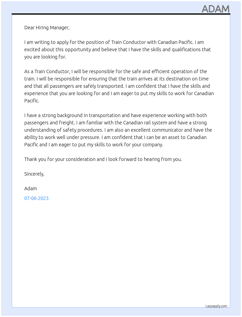 Train Conductor At Canadian Pacific Cover Letter