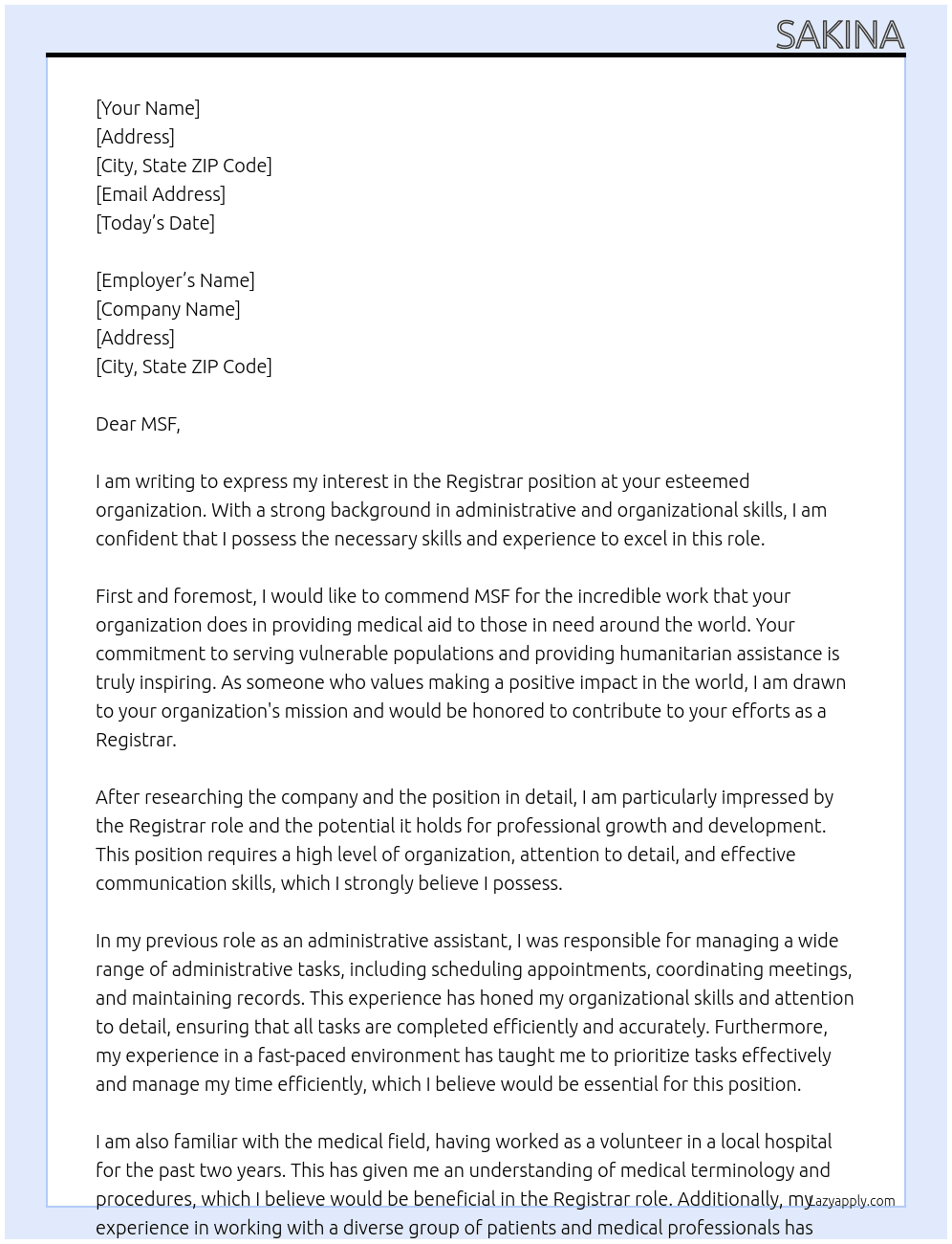 Registrar At MSF Cover Letter
