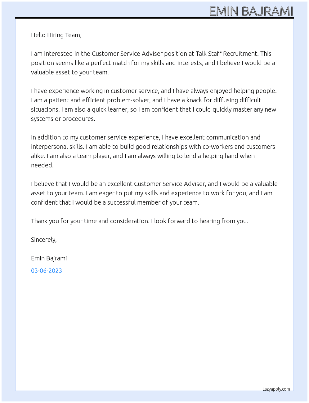 Customer Service Adviser At Talk Staff Recruitment Cover Letter