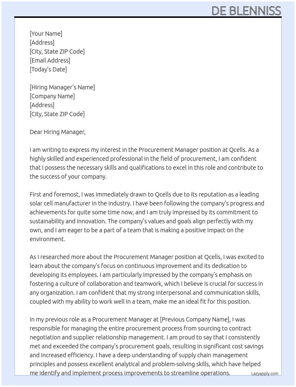 Procurement Manager At Qcells Cover Letter