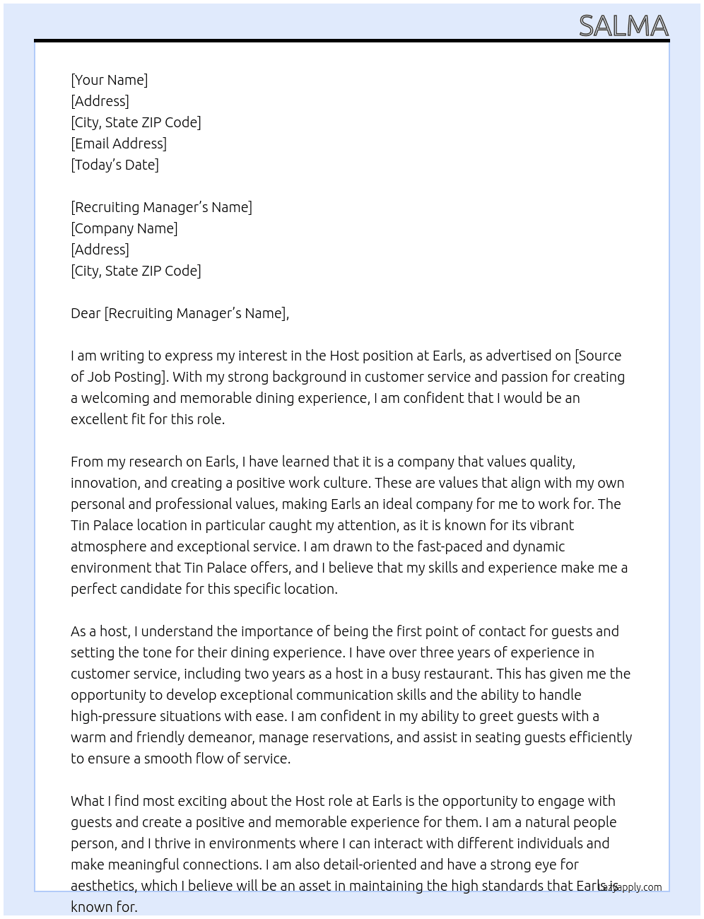 Host At Earls Cover Letter
