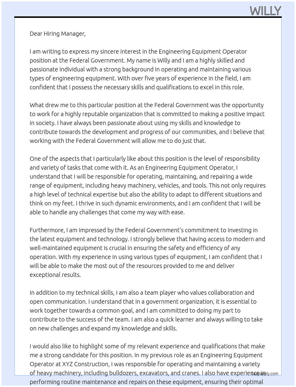 Engineering equipment operator At federal government Cover Letter
