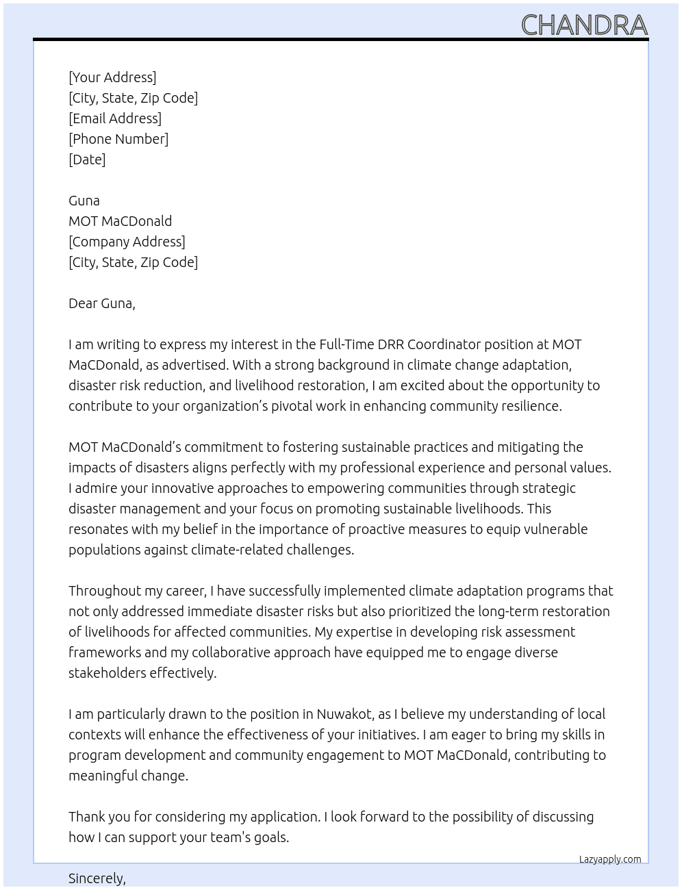 DRR Coordinator At MOT MaCDonald Cover Letter