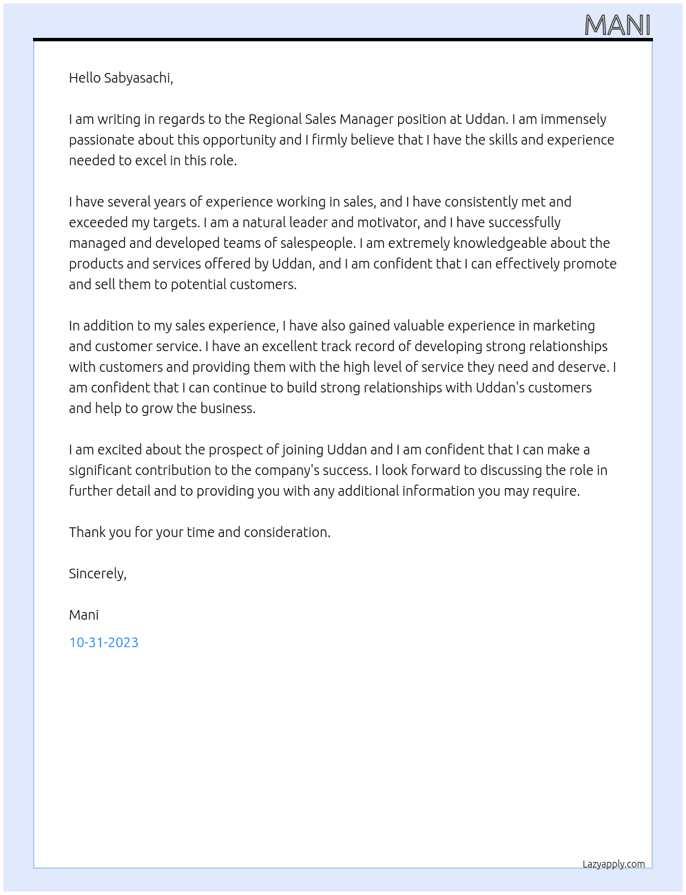 Regional sales manager At uddan  Cover Letter