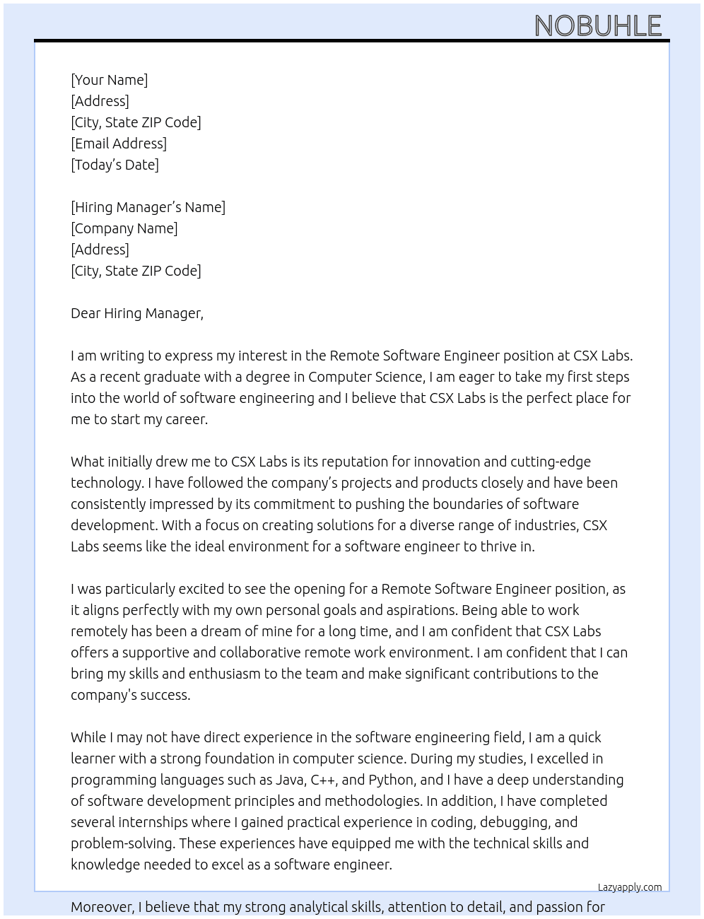 Remote software engineer without experience  At CSX Labs Cover Letter