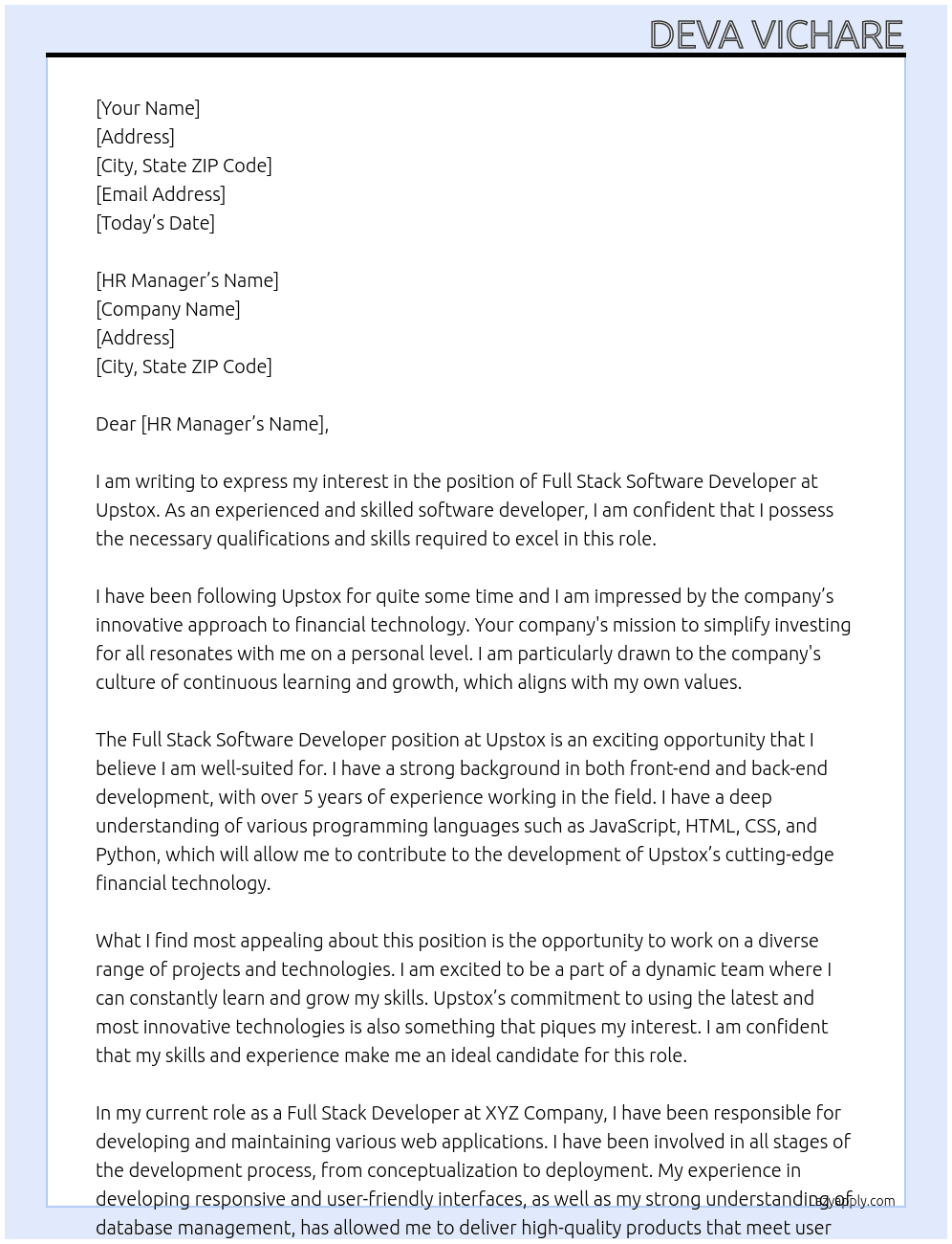 Full stack software developer  At Upstox Cover Letter